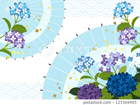 Hydrangea and Japanese umbrella rainy season background, illustration, cute, horizontal, Seigaiha 125308405
