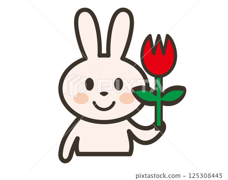 Illustration of a cute smiling rabbit holding a tulip 125308445