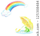 A frog sheltering from the rain under an umbrella and a rainbow 125308484