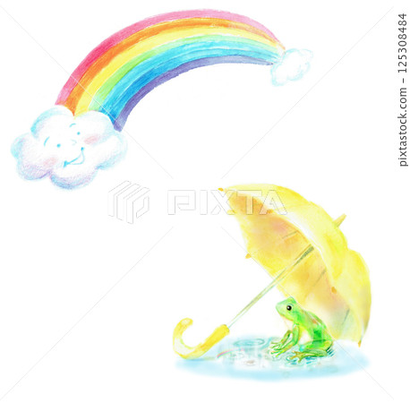 A frog sheltering from the rain under an umbrella and a rainbow A frog sheltering from the rain under an umbrella and a rainbow 125308484