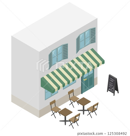 Isometric illustration: Cafe store with terrace seating Isometric illustration: Cafe store with terrace seating 125308492