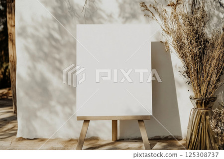 Welcome sign mockup on an easel at an outdoor boho rustic event, wedding or birthday. 125308737