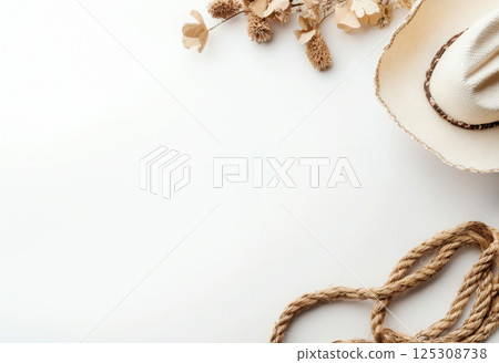 Dried flowers and straw cowboy hat on a rustic wooden background in neutral tones. Wild West. 125308738