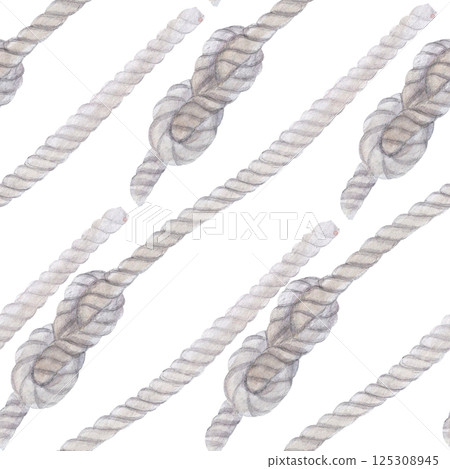 Sailor's rope, tied into a reef knot seamless watercolor pattern isolated on white. Grey monochrome. Hand painted clip art perfect for eco design, sailing, sea travel, wrapping paper, packages, scout Sailor's rope, tied into a reef knot seamless watercolor pattern isolated on white. Grey monochrome. Hand painted clip art perfect for eco design, sailing, sea travel, wrapping paper, packages, scout 125308945