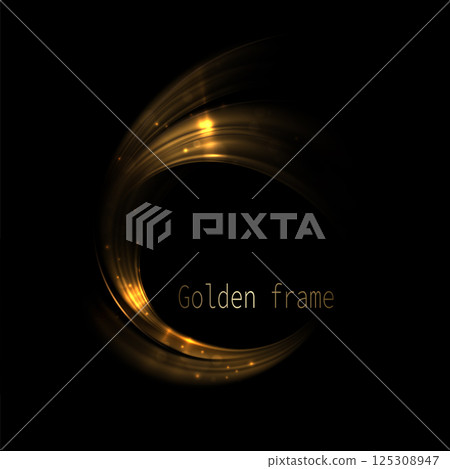 Isolated golden abstract round frame with bright glitter on black background 125308947