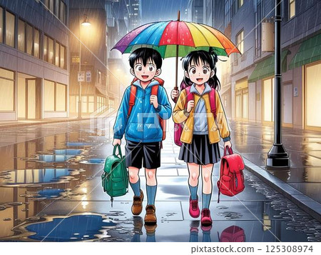 Elementary school student holding an umbrella Elementary school student holding an umbrella 125308974