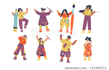 Dynamic and Expressive Characters Dressed in Colorful Outfits, United in a Celebration of Creativity 125309111