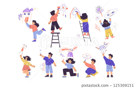 Children Drawing on Wall with Colorful Crayons Vector Illustration 125309151