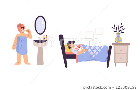 Morning Routine Illustration A focus on Hygiene, Relaxation, and Daily SelfCare Practices 125309152