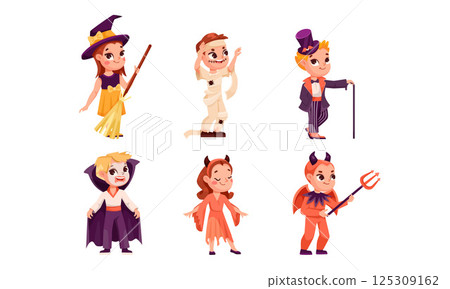 Adorable and Playful Halloween Costume Characters Illustrated in Fun Pixel Art Style Adorable and Playful Halloween Costume Characters Illustrated in Fun Pixel Art Style 125309162