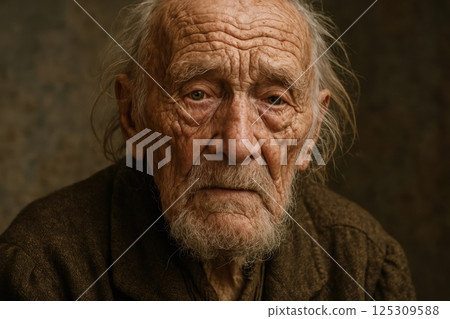 An elderly man with a weathered face and deep-set wrinkles stares intently, conveying a lifetime of stories and experiences. His worn clothing adds to the sense of history and resilience. Soft An elderly man with a weathered face and deep-set wrinkles stares intently, conveying a lifetime of stories and experiences. His worn clothing adds to the sense of history and resilience. Soft 125309588