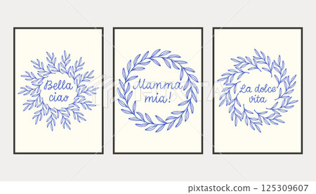 La dolce vita doodles placard or poster set with simple branches. Vector illustration of italian style hand drawn posters. Wall art prints decor. Illustration for invitations, menus design. La dolce vita doodles placard or poster set with simple branches. Vector illustration of italian style hand drawn posters. Wall art prints decor. Illustration for invitations, menus design. 125309607