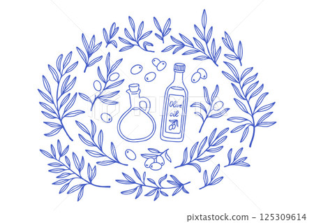 Simple olive branch oil set in line art mediterranean blue. Olive hand drawn vector sketch set in doodle style isolated on white background. Olive line art set of branch, glass bottle of oil Simple olive branch oil set in line art mediterranean blue. Olive hand drawn vector sketch set in doodle style isolated on white background. Olive line art set of branch, glass bottle of oil 125309614