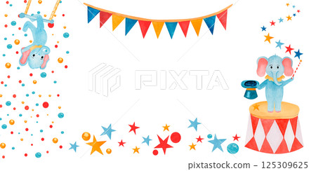 Template invitation or cards made watercolor cartoon circus elephant gymnastic and illusionist, stars, confetti. For birthday greetings and invitation cards, flyers and packages of children's goods. 125309625