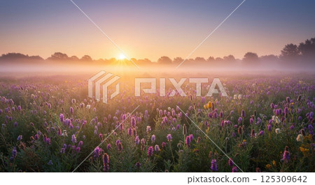 At sunrise, soft rays of sunlight pierce through a light mist over a vast field filled with colorful flowers. Shades of purple and yellow are prominent as the blooming flora stretches across the 125309642