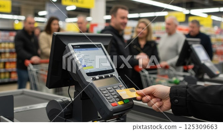 A busy supermarket checkout area is bustling with activity as customers wait in line. The focus is on a person using a payment card at the checkout terminal. In the background, shoppers with carts are 125309663
