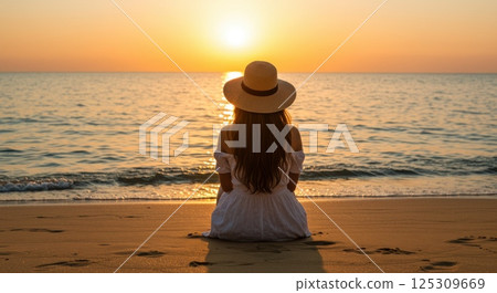 A woman sits quietly on the sandy beach, gazing at the breathtaking sunset over the calm ocean waters. The orange and pink hues of the sky reflect beautifully on the water's surface. Dressed in a 125309669