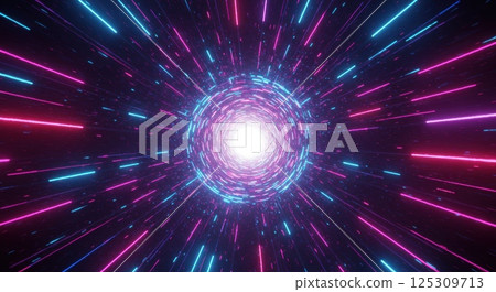 A vibrant display of colorful beams radiates from a central point, creating a swirling vortex in a cosmic environment. The mix of pink, blue, and white hues gives the impression of high-speed movement 125309713