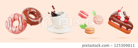 Dessert 3d set - slice of chocolate cake with cream and cherry, doughnut with pink glaze, color macaroon, mug with splash of coffee render. Sweet bakery food for cafe pastry shop menu. 3D illustration 125309811