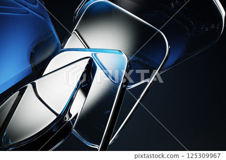 Abstract black 3d background wallpaper with glass transparent square plates, blue gradient and light refraction. Render crystal block shapes on dark bg. Graphic design digital tech. 3D illustration 125309967