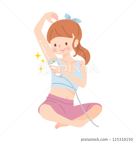 Young woman removing armpit hair by herself Young woman removing armpit hair by herself 125310150