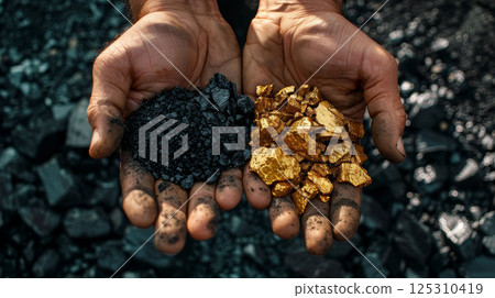 Hands holding gold and black coal on dark background, close-up of raw mining materials. Hands holding gold and black coal on dark background, close-up of raw mining materials. 125310419