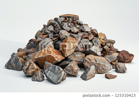 Pile of rocks, iron sand, and copper on white background, 3D for mining industry, high detail. 125310423