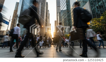 A bustling city street comes alive as twilight descends, creating a golden glow against towering skyscrapers. Professionals in business attire navigate through crowds, some carrying briefcases while 125310425