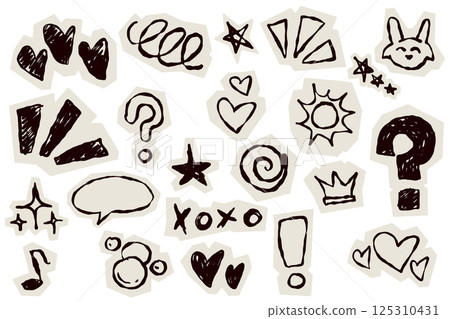 Scrapbook doodle set. Collection of sketch handdrawn scribble heart, star, mark, sign for journal. Chalk or ink craft paper cutout for scrapbook dairy Scrapbook doodle set. Collection of sketch handdrawn scribble heart, star, mark, sign for journal. Chalk or ink craft paper cutout for scrapbook dairy 125310431