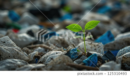 Amidst a disarray of discarded plastic debris, a vibrant green sprout rises defiantly, symbolizing hope and renewal. This powerful representation of nature's persistence highlights the stark contrast 125310493