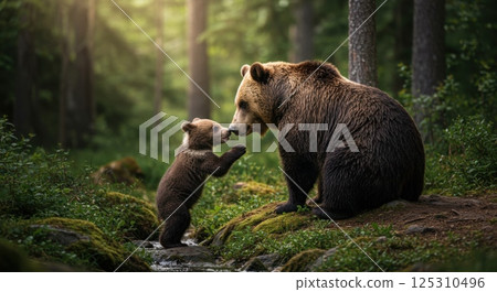 In a lush, green forest bathed in warm golden light, a mother bear interacts lovingly with her young cub. The cub stands on its hind legs, reaching up to sniff its mother's nose. Surrounding them are In a lush, green forest bathed in warm golden light, a mother bear interacts lovingly with her young cub. The cub stands on its hind legs, reaching up to sniff its mother's nose. Surrounding them are 125310496