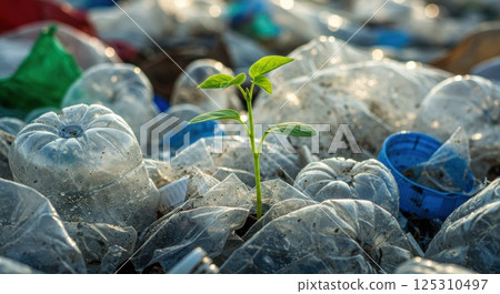 In a stark contrast of resilience and neglect, a young green plant emerges from a dense mass of plastic waste at a landfill. The sun's rays illuminate the delicate leaves, highlighting the In a stark contrast of resilience and neglect, a young green plant emerges from a dense mass of plastic waste at a landfill. The sun's rays illuminate the delicate leaves, highlighting the 125310497