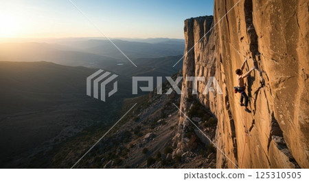 A climber scales a steep rock face, showcasing skill and determination as the sun sets in the background, casting warm hues across the sky. The expansive landscape features distant mountains and 125310505