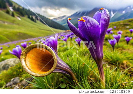 spring landscape with crocuses in the mountains 125310569