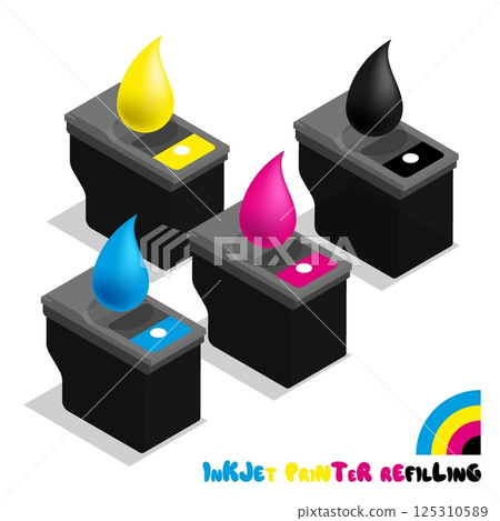 Isometric set of plastic ink cartridges and drops of printing ink. Repair and maintenance of office copying printers and MFP. 3D vector isolated on white background Isometric set of plastic ink cartridges and drops of printing ink. Repair and maintenance of office copying printers and MFP. 3D vector isolated on white background 125310589