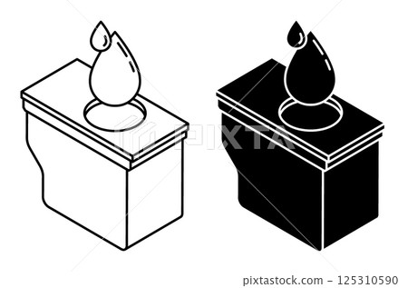 Linear isometric icon, ink cartridge and drops of printing ink. Repair and maintenance of office copying printers. Simple black and white top view vector isolated on white background Linear isometric icon, ink cartridge and drops of printing ink. Repair and maintenance of office copying printers. Simple black and white top view vector isolated on white background 125310590