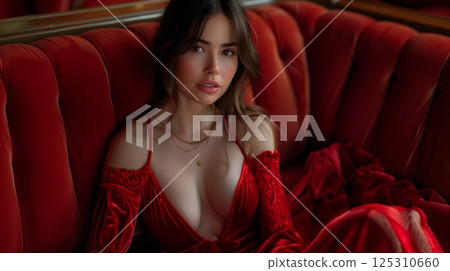 Woman in Red Velvet Dress Sitting on Matching Red Tufted Couch 125310660