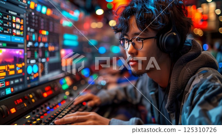 Tech-Savvy Streamer in a Vibrant Gaming Studio: Focused on Content Creation 125310726