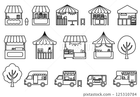 Simple line drawing vector illustration set of marche, food stalls, and kitchen cars 125310784