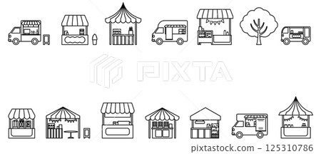 Marche, food stall, kitchen car simple line drawing frame vector illustration set 125310786
