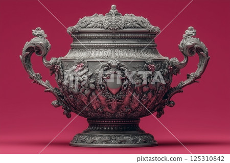 Exquisite Silver Vessel with Intricate Floral Patterns and Handles on a Vibrant Red Backdrop 125310842