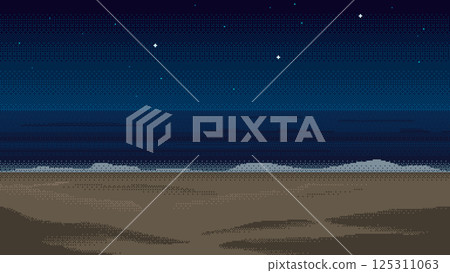 Pixel art sandy beach at night with starry sky. Background for the game. Pixel art sandy beach at night with starry sky. Background for the game. 125311063