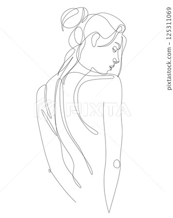 Continuous line drawing of nude woman back. One line art of female beauty. Beautiful naked figure minimalist illustration. 125311069
