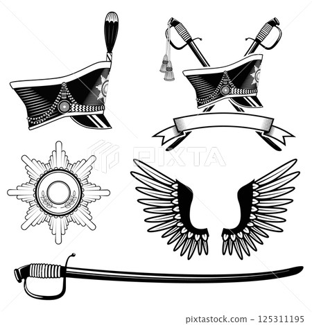 Shako Hussar, roundels, scimitar. Set of items for design in vector 125311195