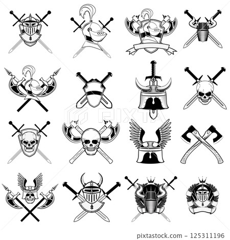 knight logo set. Skull in horned helmet, crossed axes, crossed swords, viking helmet, shield, . Logos can be easily disassembled into separate items. knight logo set. Skull in horned helmet, crossed axes, crossed swords, viking helmet, shield, . Logos can be easily disassembled into separate items. 125311196