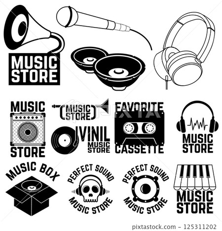 Set of music shop labels and badges. Music icons. Vector illustration. 125311202