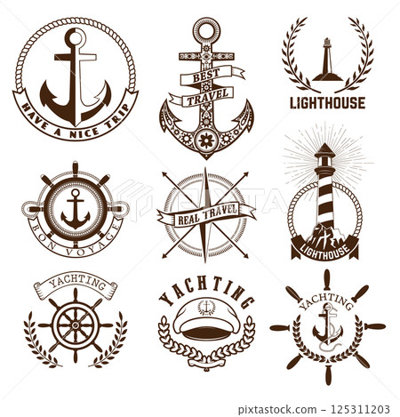 Set of sea and nautical decorations isolated on blue background. Collection of elements for company logos, business identity, print products, page and web decor or other design. Vector illustration. 125311203