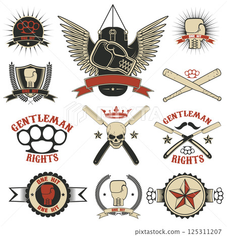 Set of mma, boxing, street fight emblems and design elements. Fight club. Gentlemen club. Vector illustration. 125311207