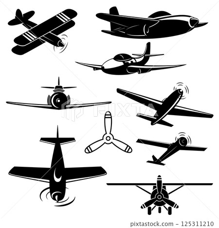 Set of Vintage airplanes from different angles. Planes silhouettes. Logotype, emblem,label design elements in vector. Set of Vintage airplanes from different angles. Planes silhouettes. Logotype, emblem,label design elements in vector. 125311210
