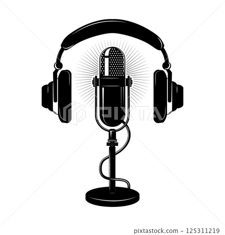 Record studio label template. Microphone and headphones in vintage style. Design elements for logo, label, badge, emblem, sign. 125311219